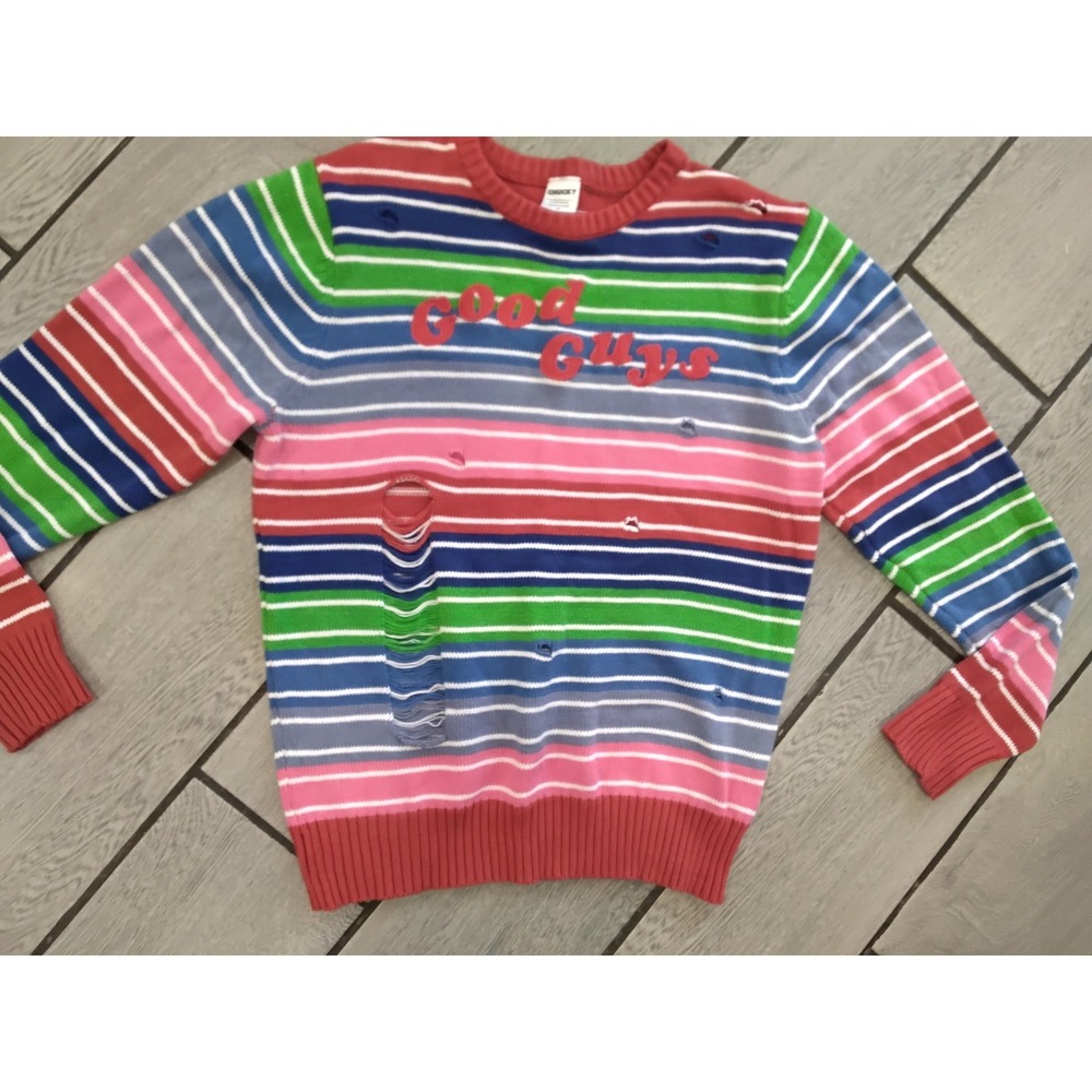 Chucky Childs Play Good Guys Striped Distressed Sweater Mens Medium Horror Movie